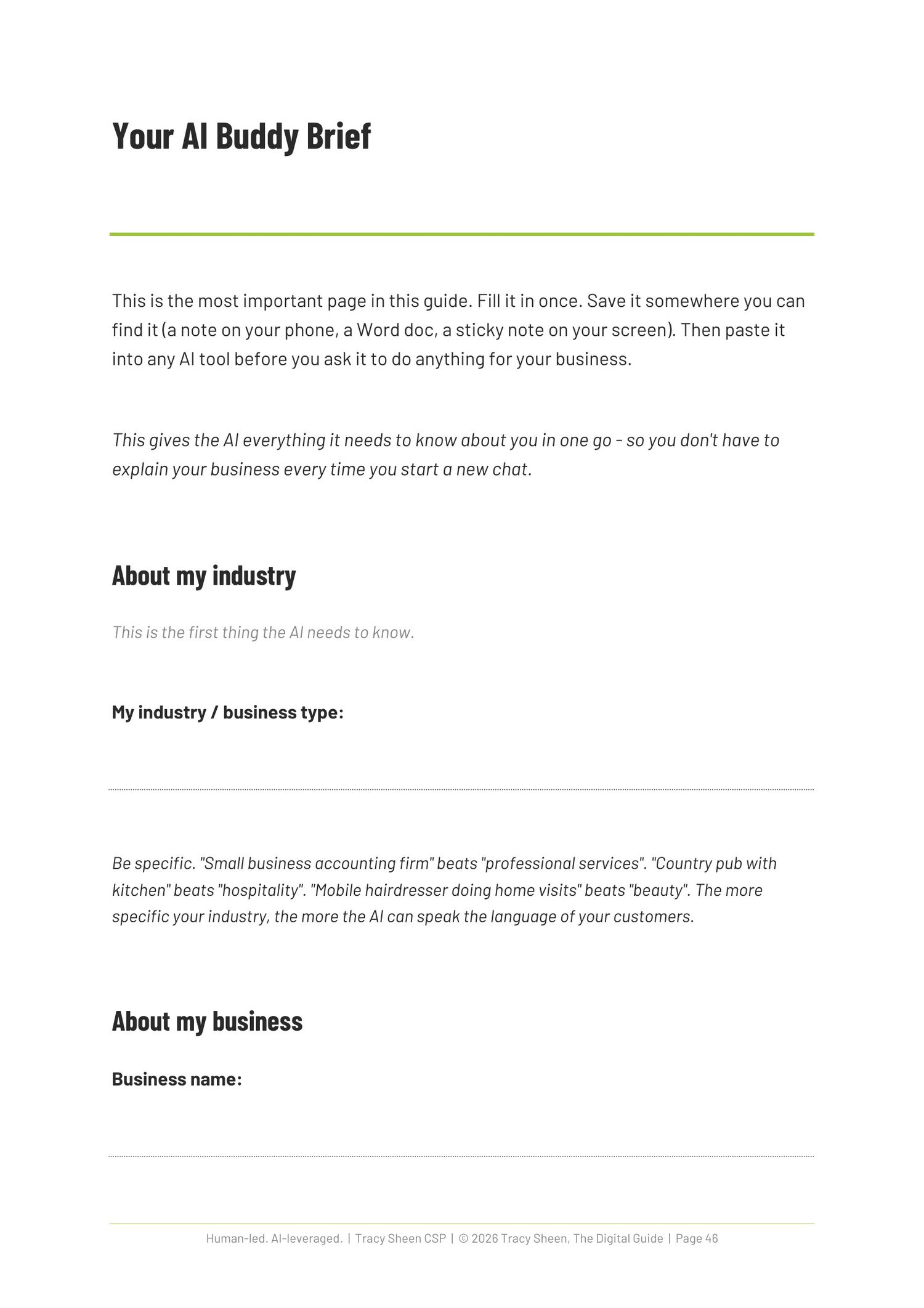 The AI Buddy Brief template page, described in the book as the most important page in the guide