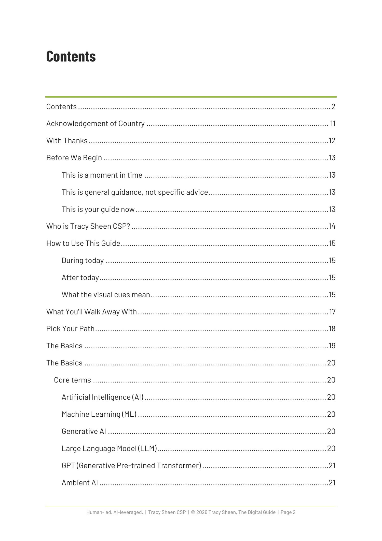 Table of contents of the AI Made Simple guidebook showing the full scope of the book
