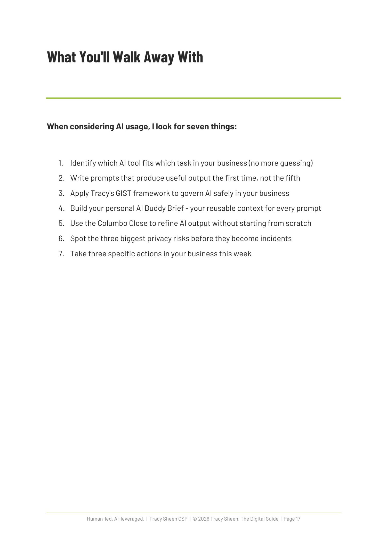 What you'll walk away with page from the AI Made Simple guidebook